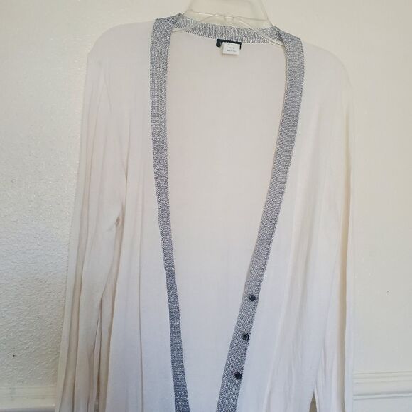 J. Crew Cardigan Size M Ivory With Silver Trim Button Closure Pima Cotton Wool - Picture 3 of 14